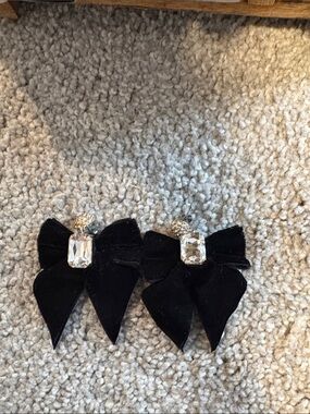 J. Crew Black Velvet Bow Drop Earrings with Crystal Accents